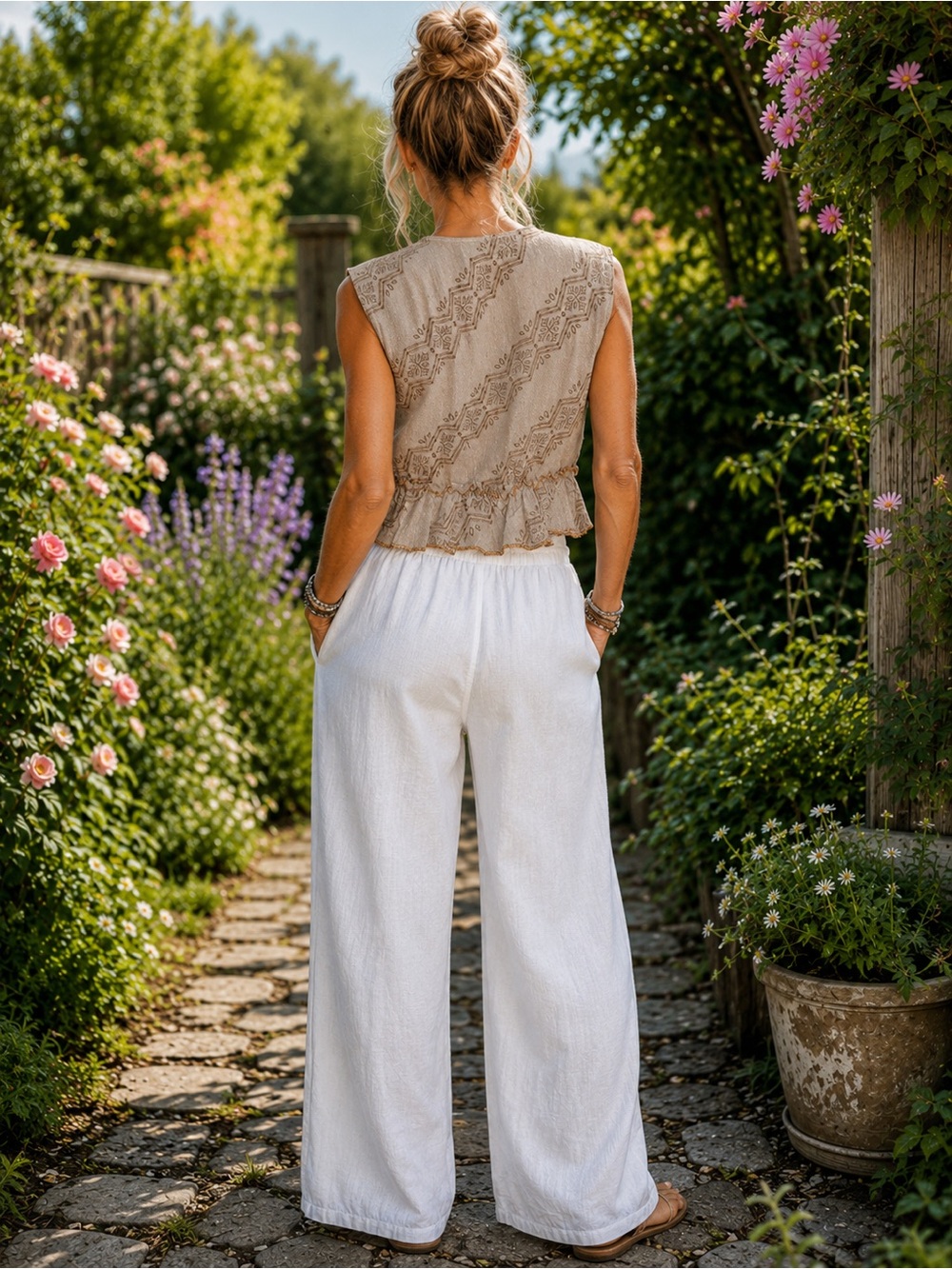 Papa Pia OS Taupe & White Ruffle Tie-Front Crop Top - Picture 3 of 9